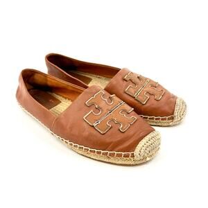 Tory Burch Tan Genuine Leather Logo Jute Espadrille Flats